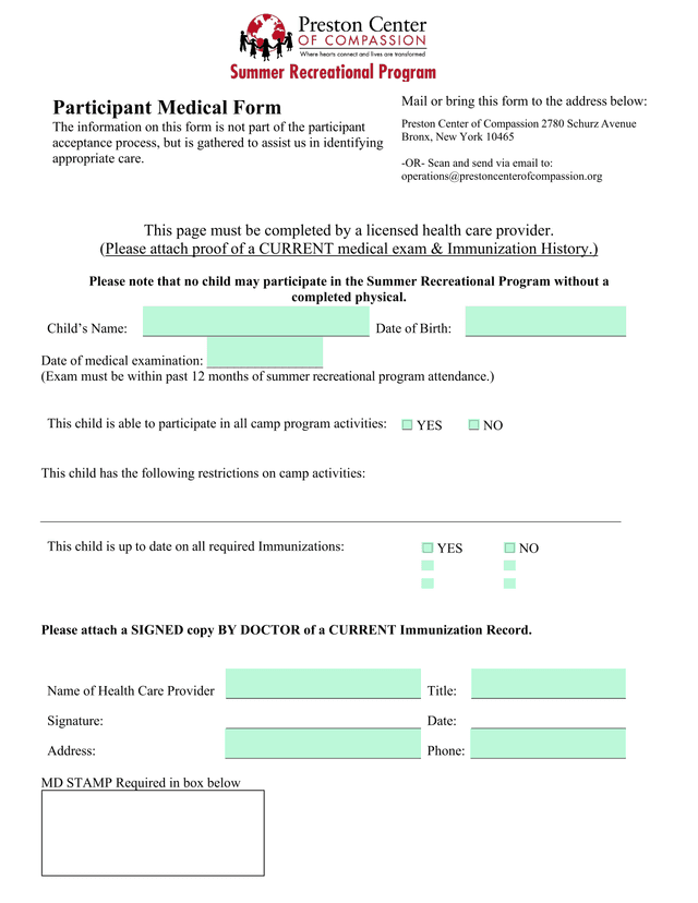Participant Medical Form screenshot