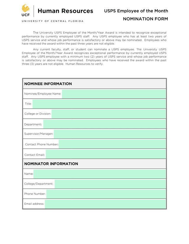 USPS Employee Of The Month Nomination Form screenshot