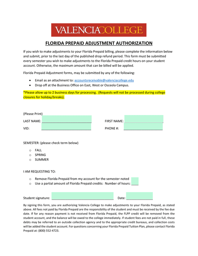 Florida Prepaid Adjustment Authorization screenshot