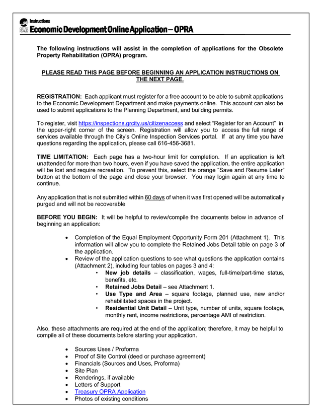 Obsolete Property Rehabilitation (OPRA) Program Application Instructions screenshot