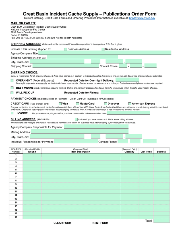 Great Basin Incident Cache Supply  Publications Order Form screenshot