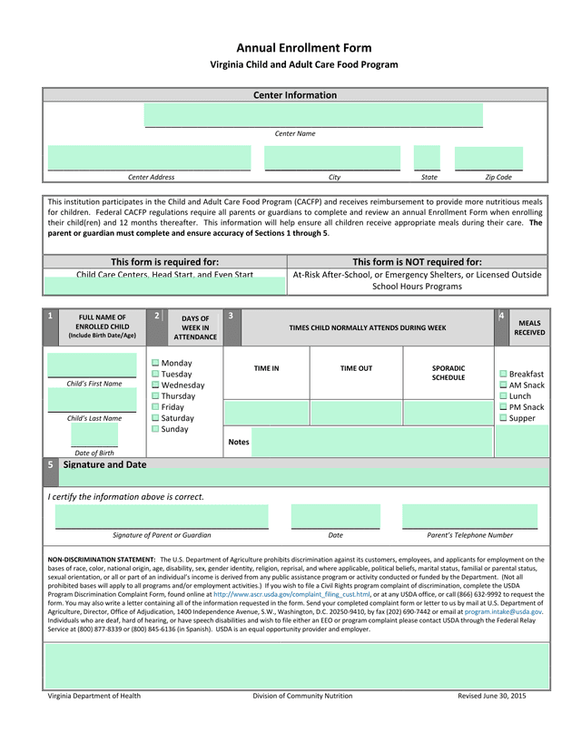 Annual Enrollment Form   Virginia Child And Adult Care Food Program screenshot