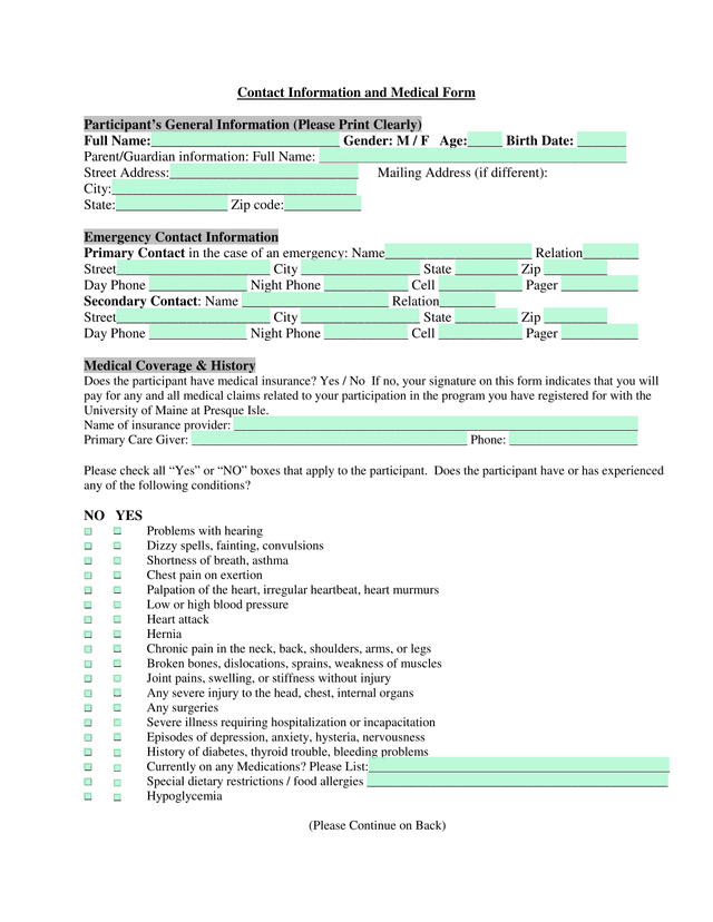 Contact Information And Medical Form screenshot