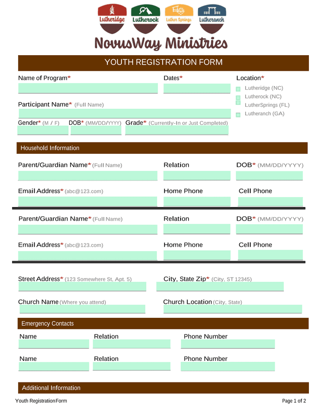 Youth Registration Form screenshot
