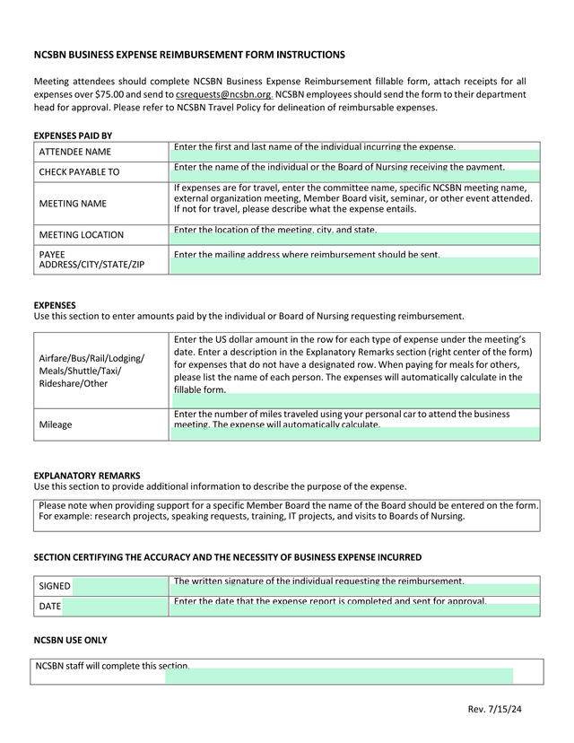 NCSBN Business Expense Reimbursement Form Instructions screenshot