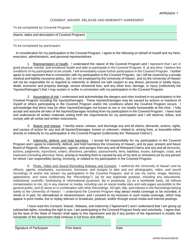 CONSENT, WAIVER, RELEASE AND INDEMNITY AGREEMENT screenshot