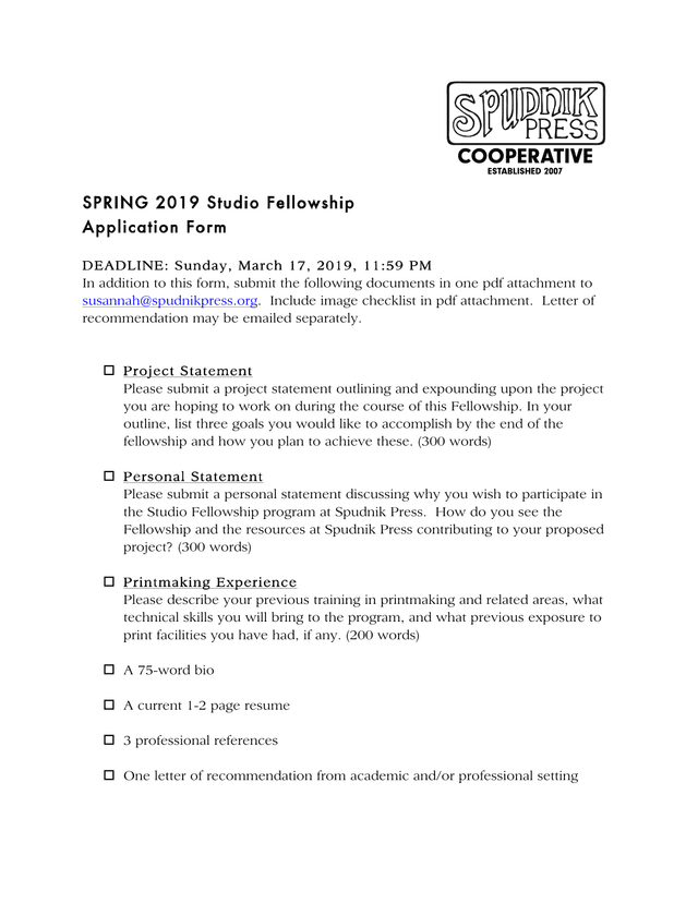 SPRING 2019 Studio Fellowship Application Form screenshot