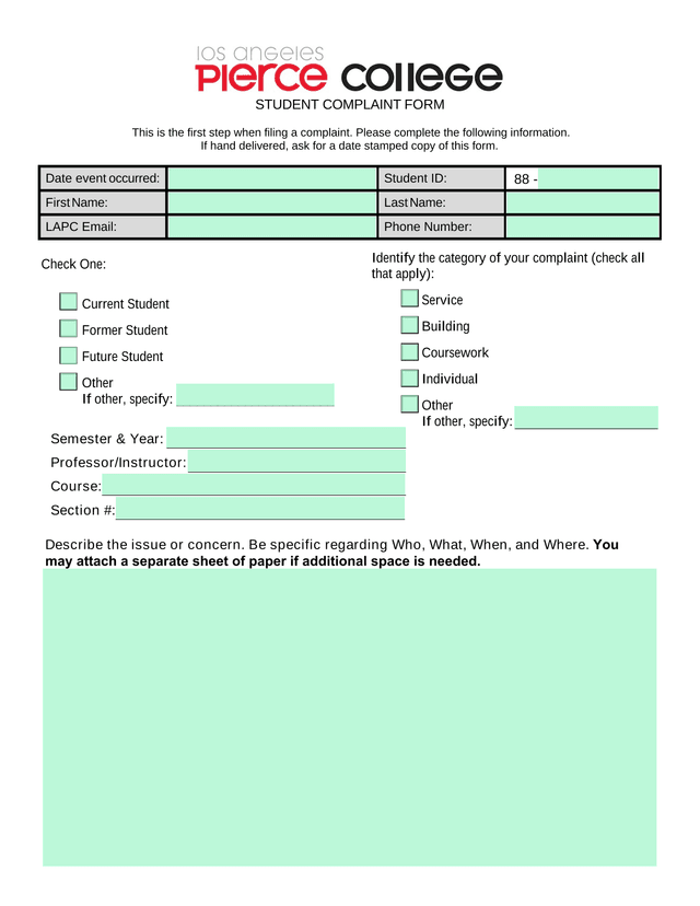 STUDENT COMPLAINT FORM screenshot