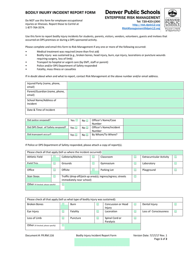 Bodily Injury Incident Report Form screenshot