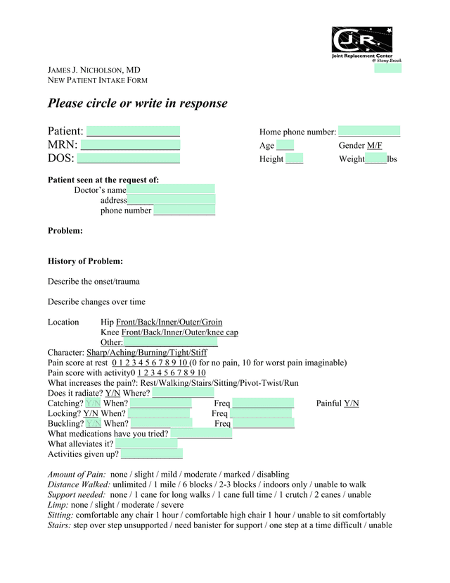 New Patient Intake Form screenshot