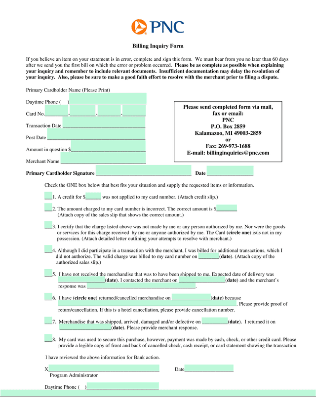Billing Inquiry Form screenshot