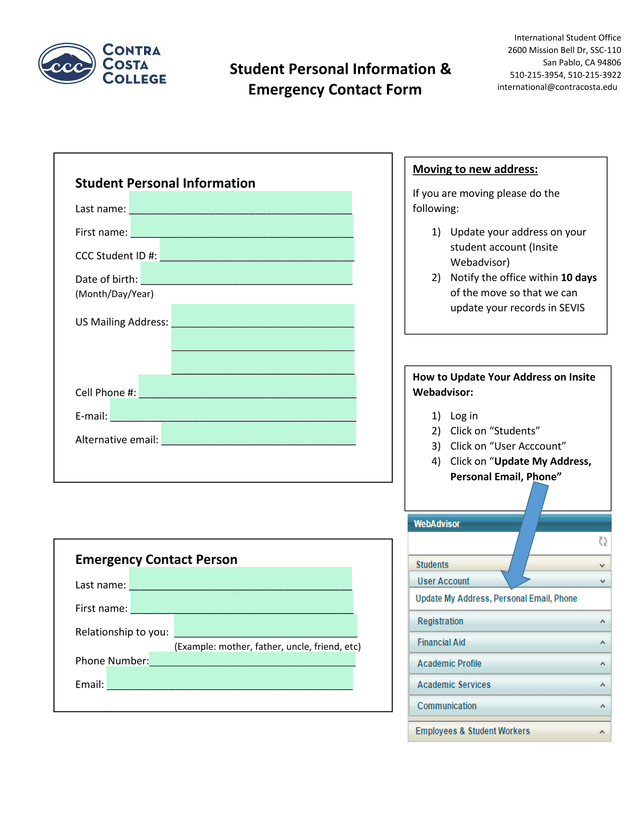 Student Personal Information  Emergency Contact Form screenshot