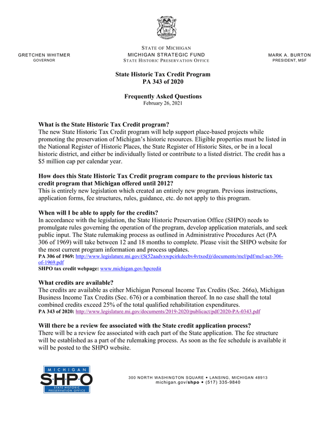 State Historic Tax Credit Program Frequently Asked Questions screenshot