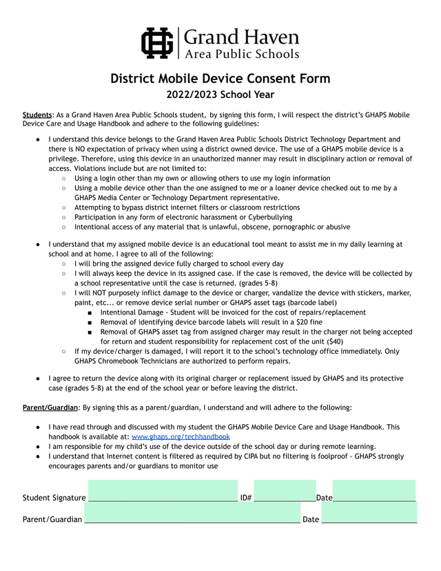 District Mobile Device Consent Form screenshot