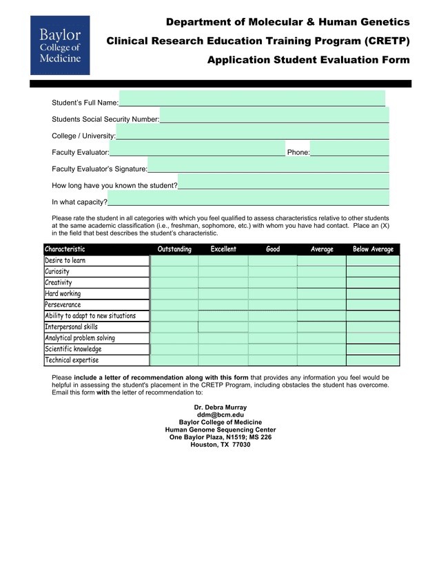 Clinical Research Education Training Program (CRETP) Application Student Evaluation Form screenshot