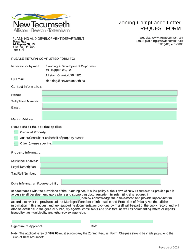 Zoning Compliance Letter REQUEST FORM screenshot