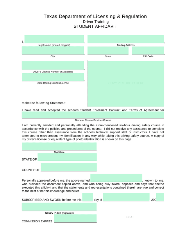 Texas Department Of Licensing  Regulation Student Affidavit screenshot