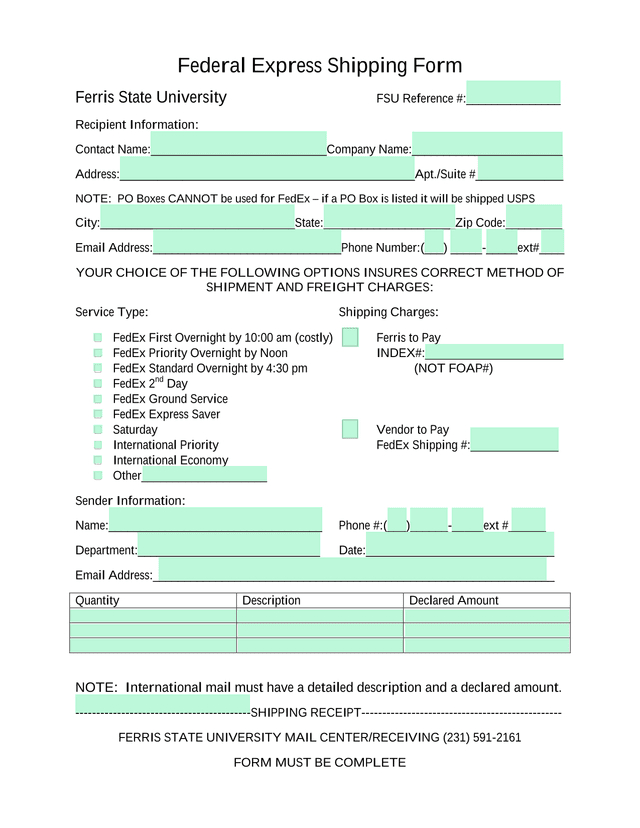Federal Express Shipping Form screenshot