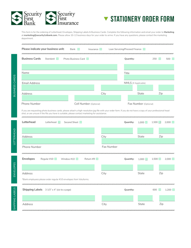 Stationery Order Form screenshot
