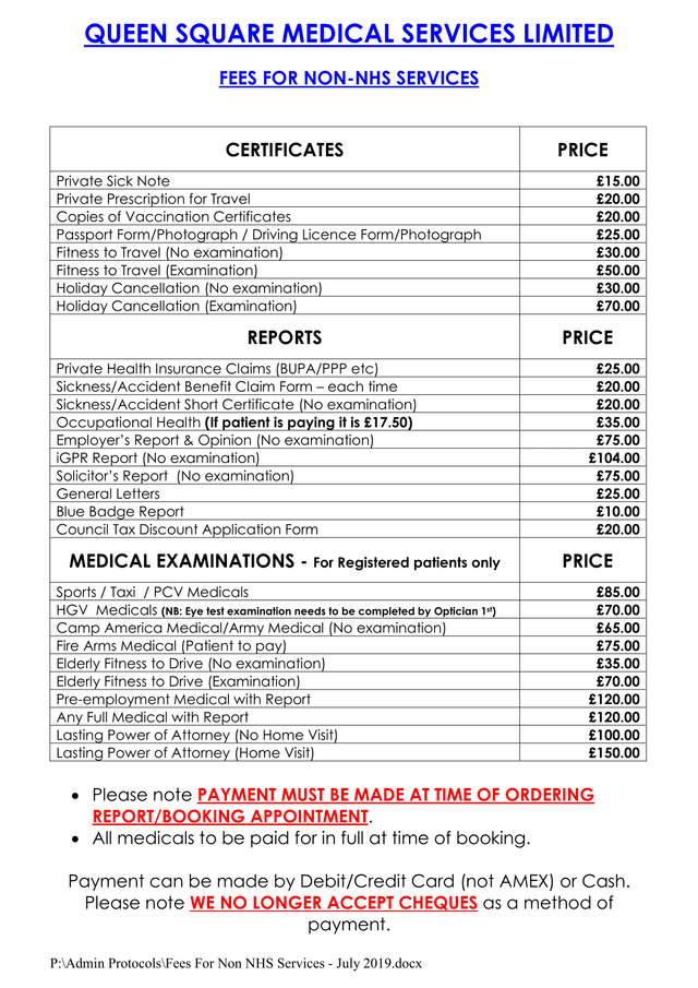 Fees For Non NHS Services screenshot