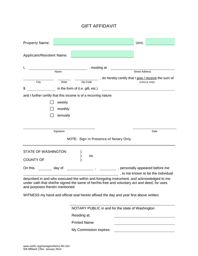 Gift Affidavit screenshot