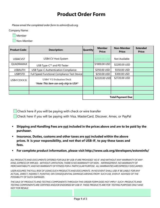 Product Order Form screenshot