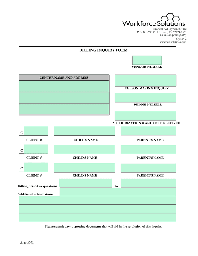 BILLING INQUIRY FORM screenshot