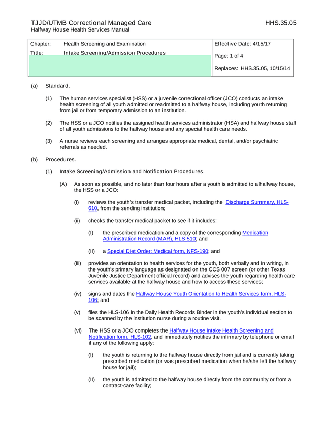 HHS.35.05 Halfway House Health Services Manual screenshot