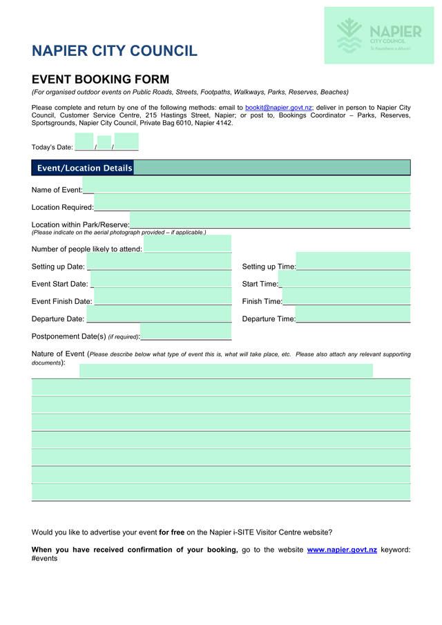 NAPIER CITY COUNCIL EVENT BOOKING FORM screenshot