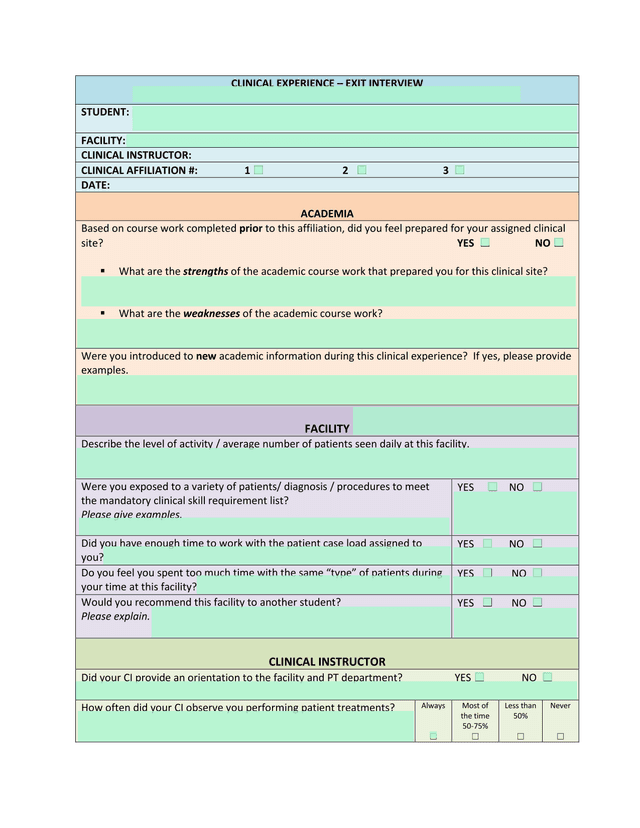 Clinical Experience  Exit Interview screenshot