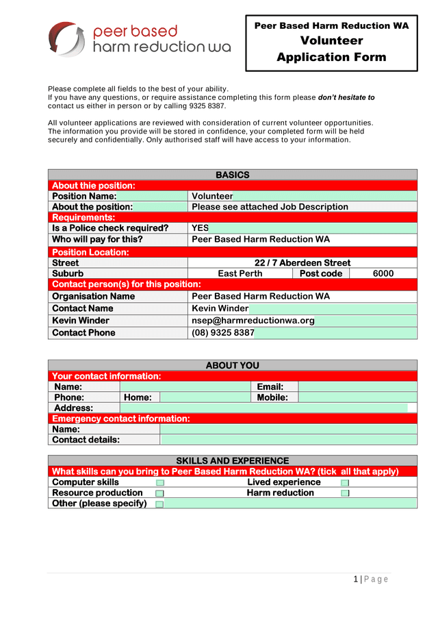 Peer Based Harm Reduction WA Volunteer Application Form screenshot