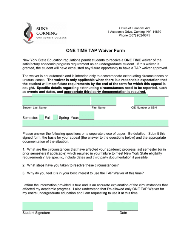 ONE TIME TAP Waiver Form screenshot