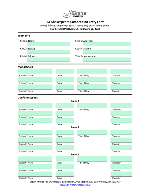 PSF Shakespeare Competition Entry Form screenshot