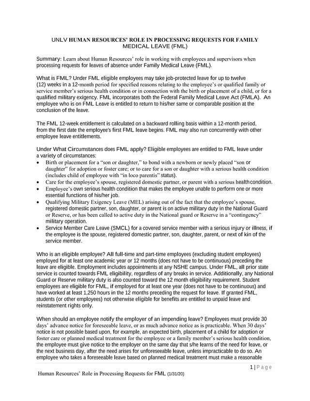 UNLV Human Resources Role In Processing Requests For Family Medical Leave (FML) screenshot