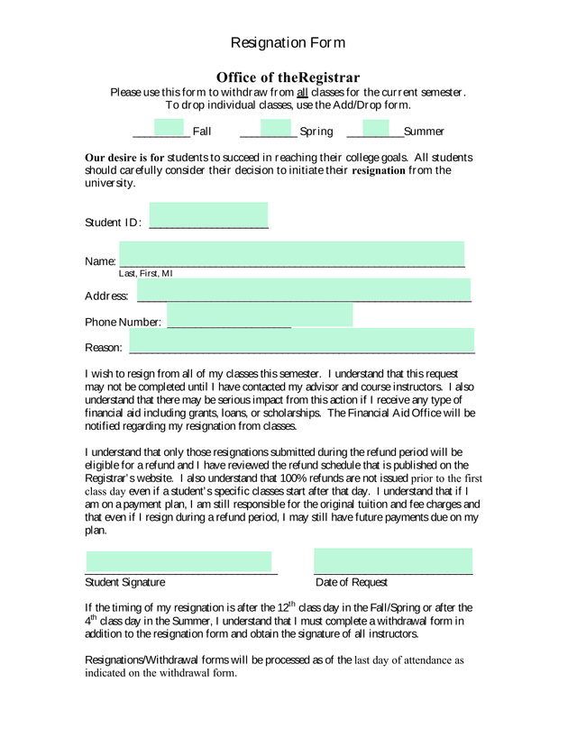 Resignation Form screenshot