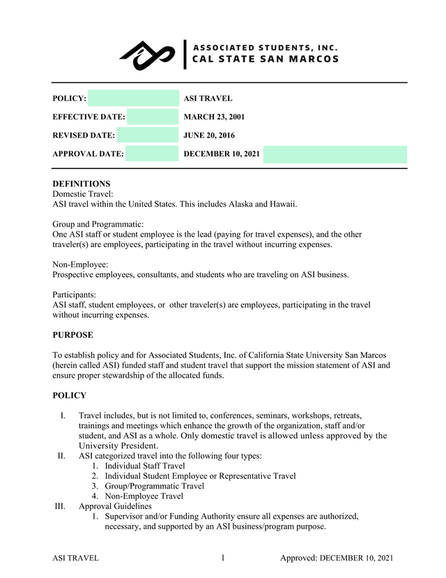 ASI Travel Policy screenshot
