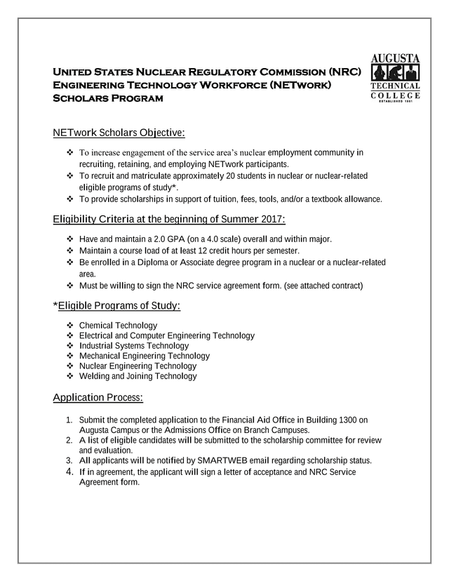 NRC Engineering Technology Workforce (NETwork) Scholars Program Application screenshot
