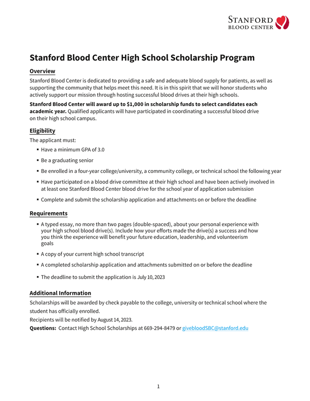 Stanford Blood Center High School Scholarship Program Application screenshot