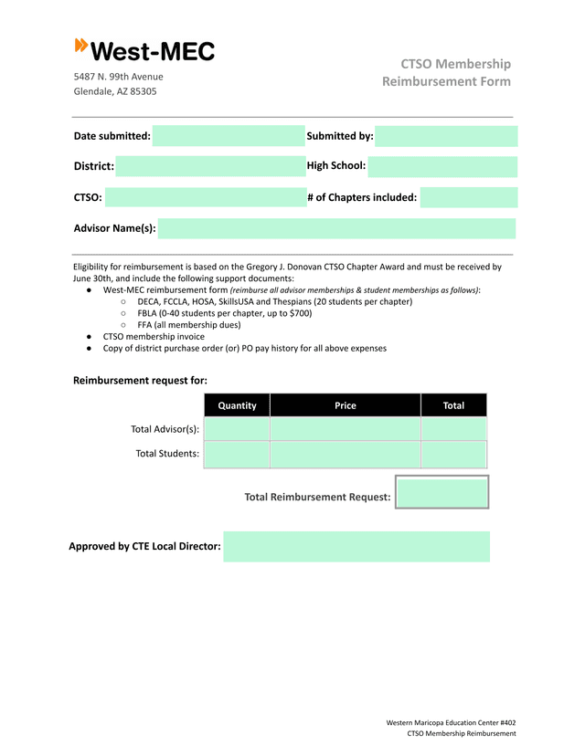 CTSO Membership Reimbursement Form screenshot