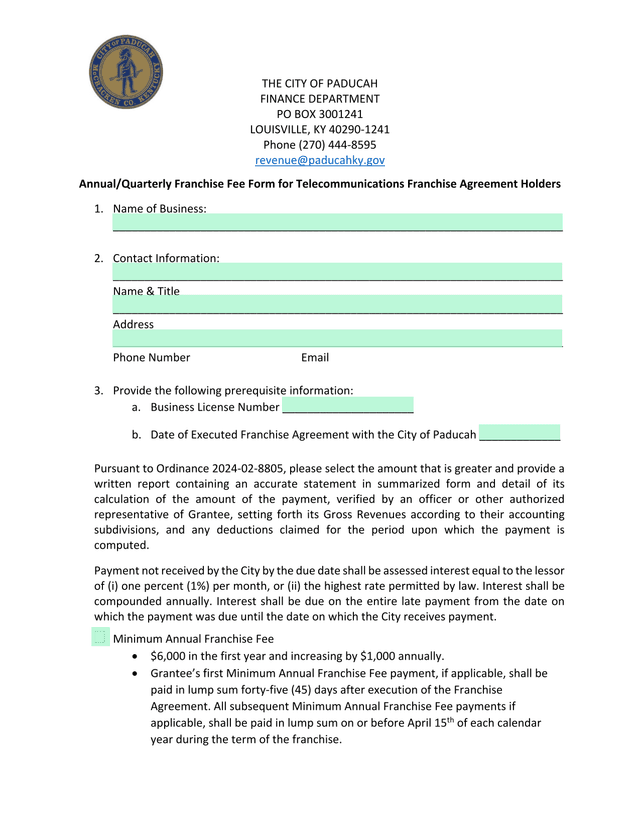 AnnualQuarterly Franchise Fee Form For Telecommunications Franchise Agreement Holders screenshot