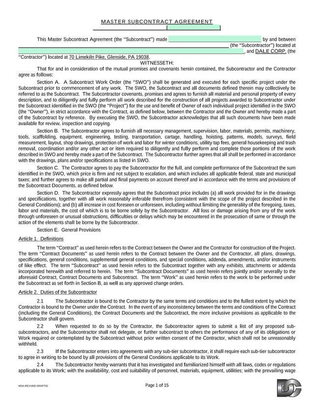 Master Subcontract Agreement screenshot