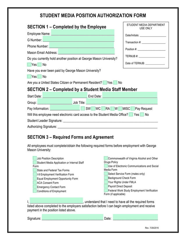STUDENT MEDIA POSITION AUTHORIZATION FORM screenshot
