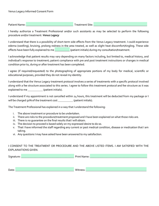 Venus Legacy Informed Consent Form screenshot