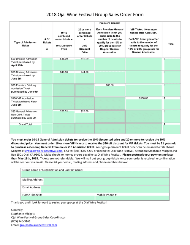 2018 Ojai Wine Festival Group Sales Order Form screenshot