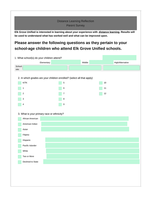 Distance Learning Reflection Parent Survey screenshot