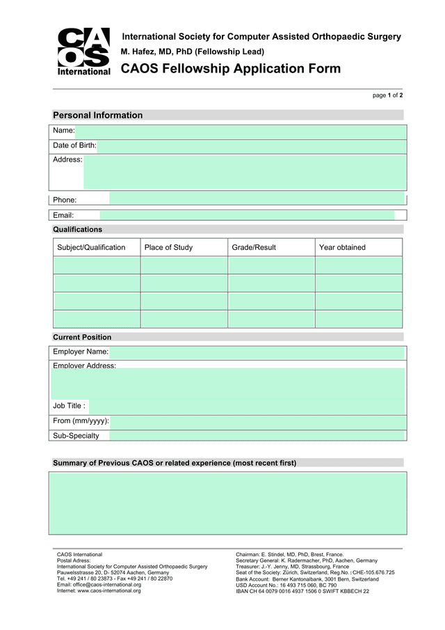 CAOS Fellowship Application Form screenshot