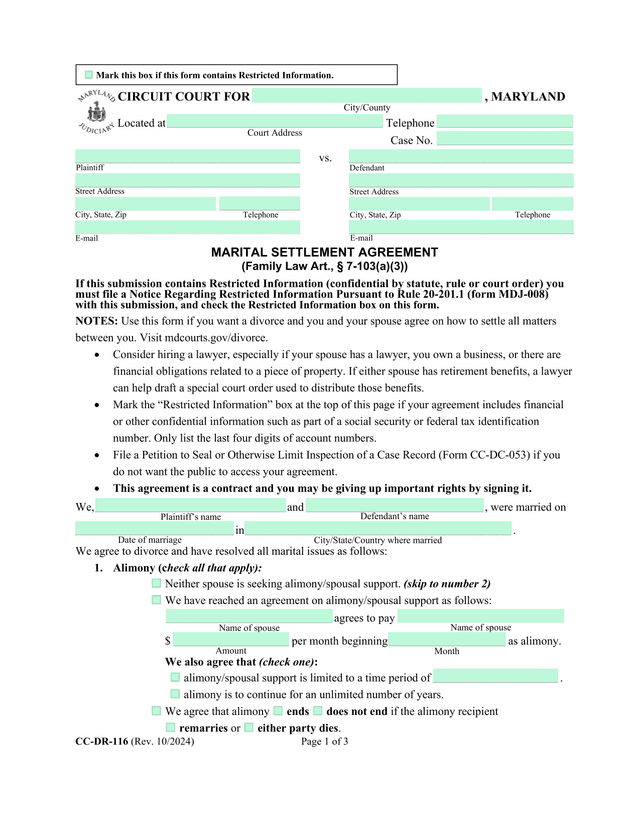 Marital Settlement Agreement screenshot