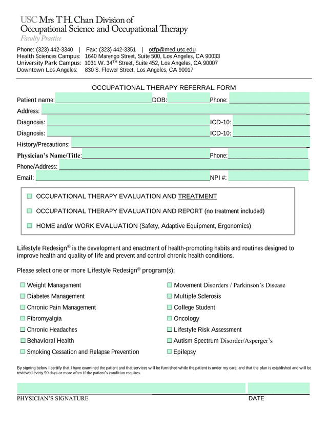 Occupational Therapy Referral Form screenshot
