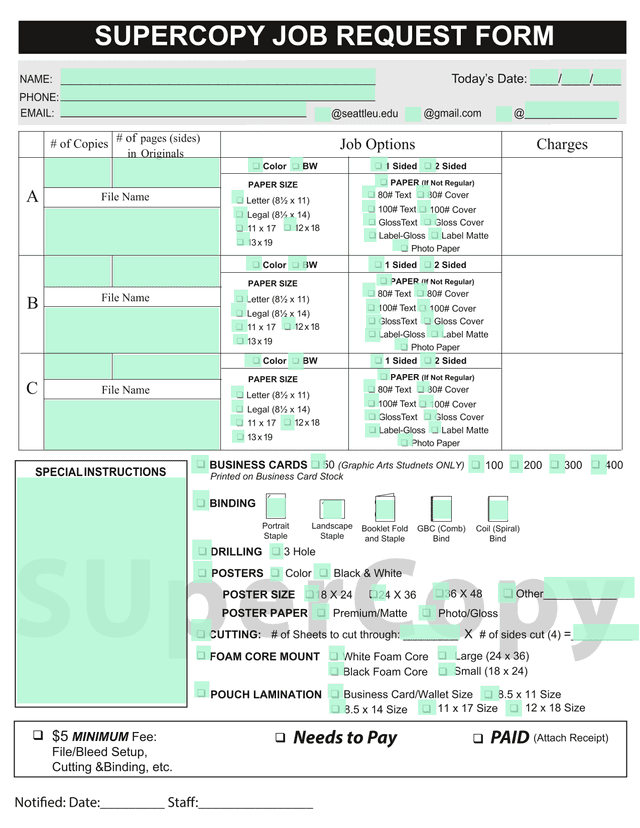 SuperCopy Job Request Form screenshot