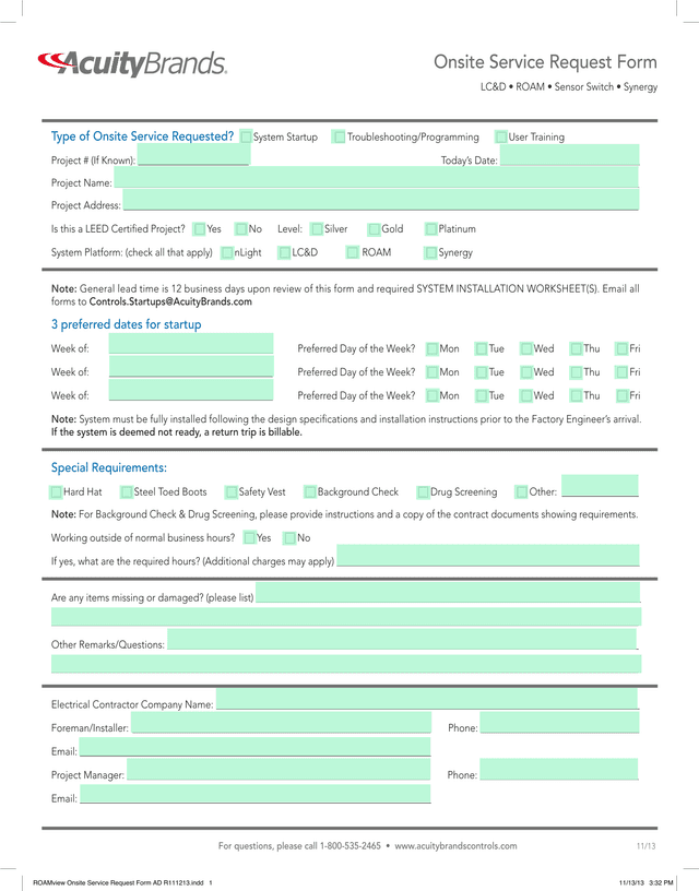 ROAMview Onsite Service Request Form screenshot